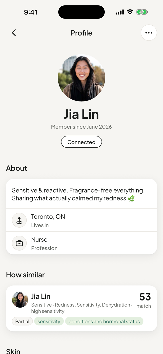 A connected member's profile with a 53 skin match