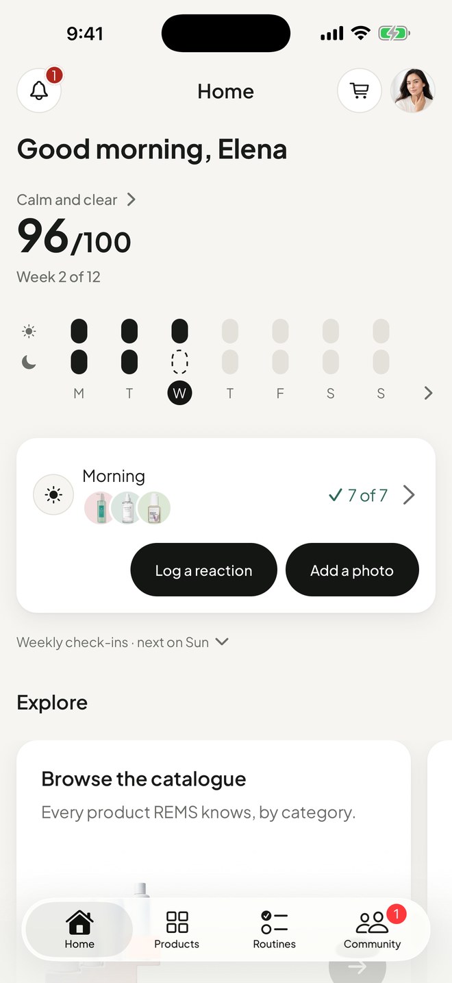 REMS home screen: Good morning, Elena, routine score 96, the week's check-ins and the morning products, 7 of 7 done