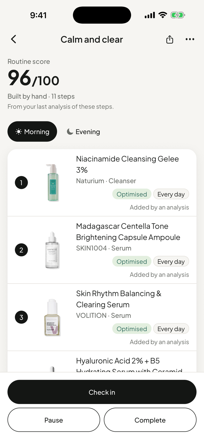 Routine: Calm and clear, score 96, morning steps with product photos