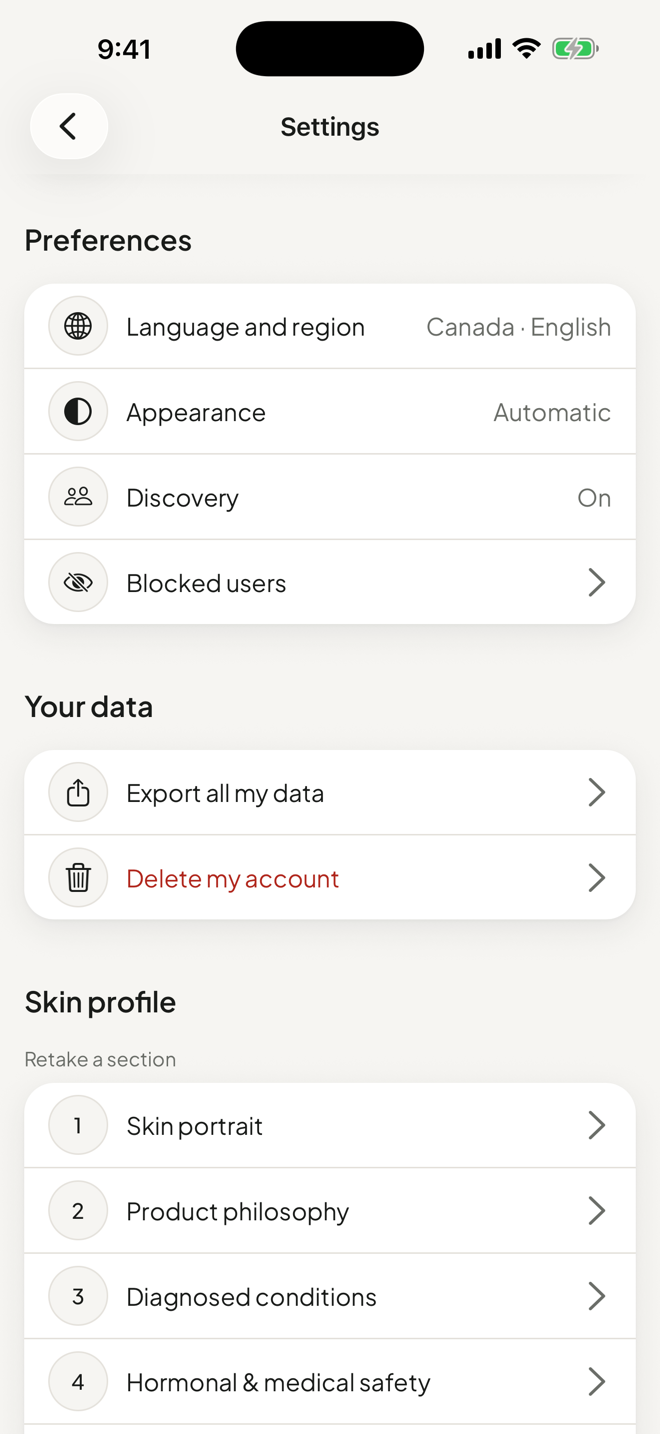 Settings: language and region, discovery, export all my data, delete my account
